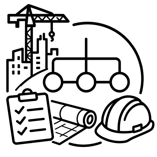 Line drawing of a construction site with crane, buildings, a network plan, a rolled blueprint, a safety checklist, and a hard hat.